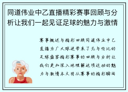同道伟业中乙直播精彩赛事回顾与分析让我们一起见证足球的魅力与激情
