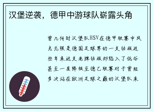 汉堡逆袭，德甲中游球队崭露头角